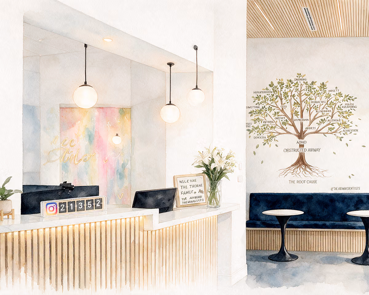 Watercolor rendering of a reception desk under pendant lights, with a colorful mural and a painted tree on the wall.