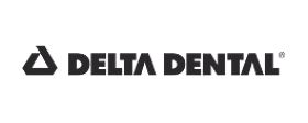 Delta Dental logo in black text with a triangular abstract symbol on a light gray background.