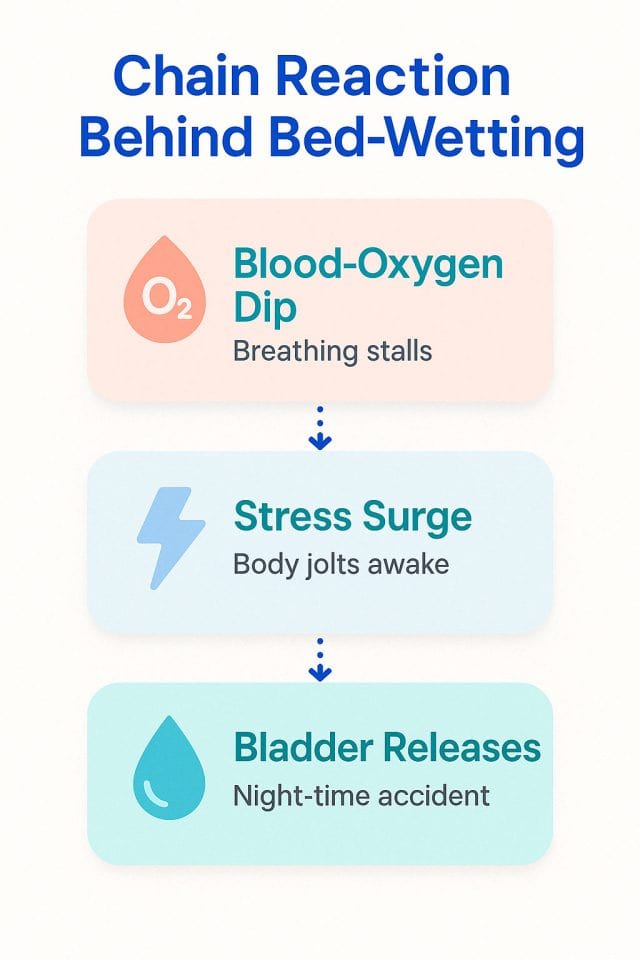 How Airway Dentistry Helps Kids Sleep Better—and Wake Up Dry 1 How Disrupted Breathing Triggers Bedwetting
1: Oxygen Drop
Breathing pauses or slows during sleep
2: Stress Response
Body enters fight-or-flight mode to protect vital organs
3: Bladder Lets Go
Urine is released as control systems shut down