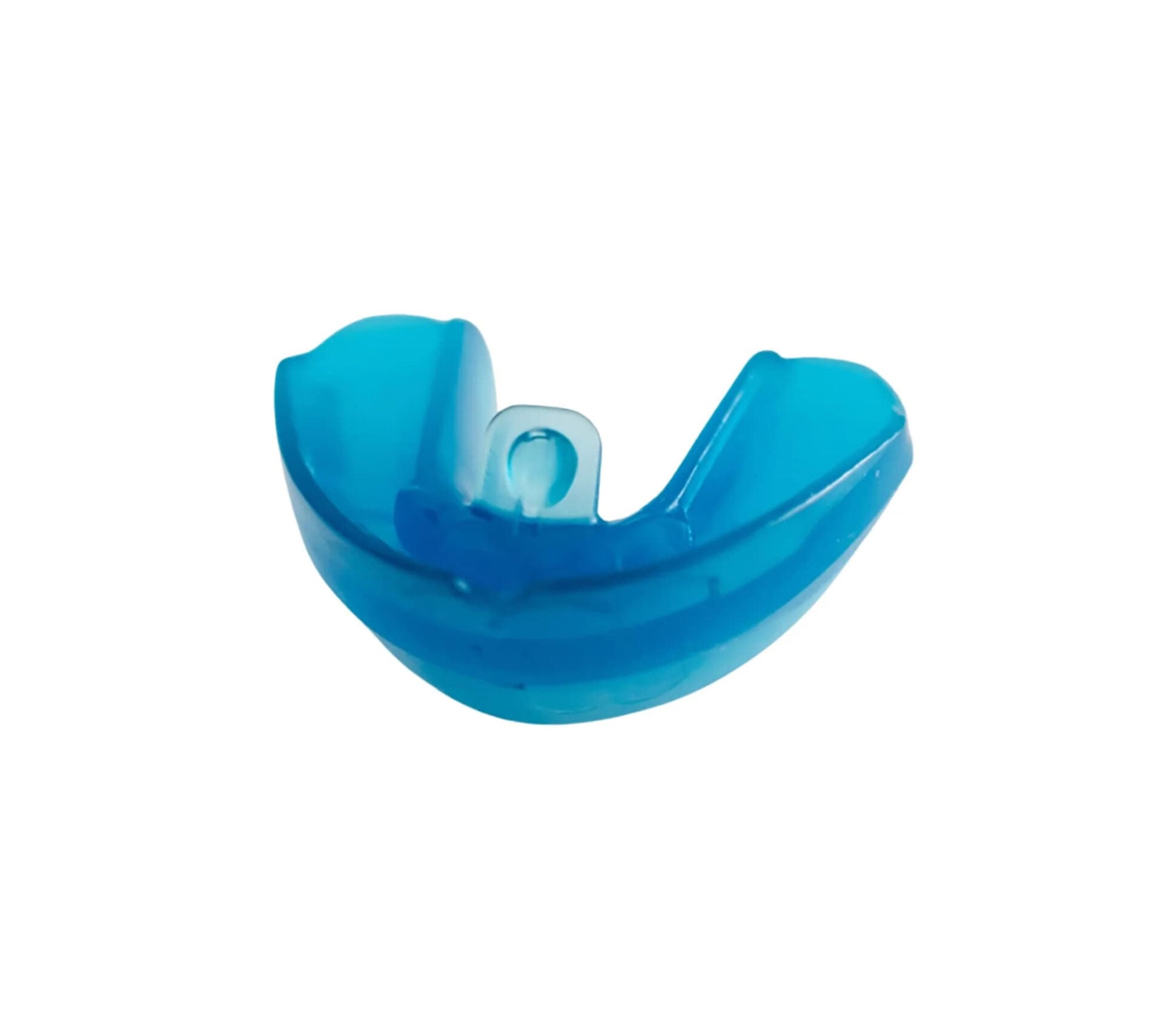 A blue mouthguard with a front opening, shown against a white background.